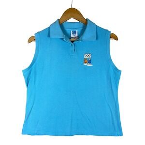 Vintage Athens 2004 Olympics High-Q Sleeveless Polo‎ Shirt Blue XL Womens